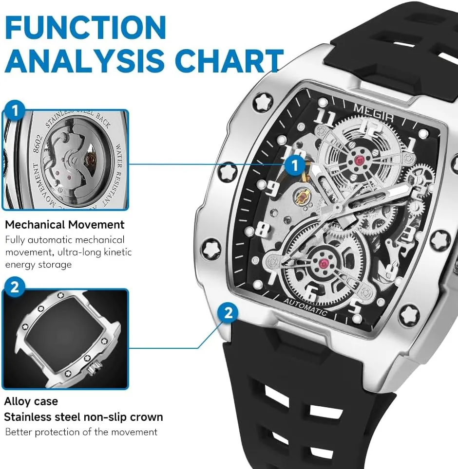 Luminous Hands MEGIR Automatic Mechanical Men Watch, Silicone Band, 43x50mm Alloy reed Case, 3ATM Water Resistant, 