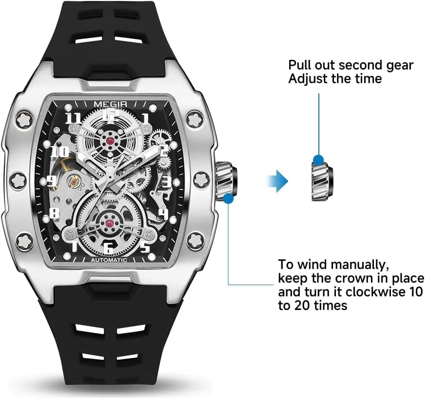 Luminous Hands MEGIR Automatic Mechanical Men Watch, Silicone Band, 43x50mm Alloy reed Case, 3ATM Water Resistant, 