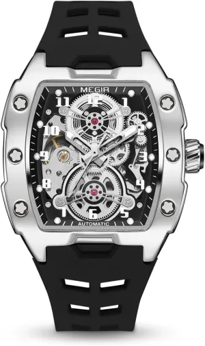 Luminous Hands MEGIR Automatic Mechanical Men Watch, Silicone Band, 43x50mm Alloy reed Case, 3ATM Water Resistant, 