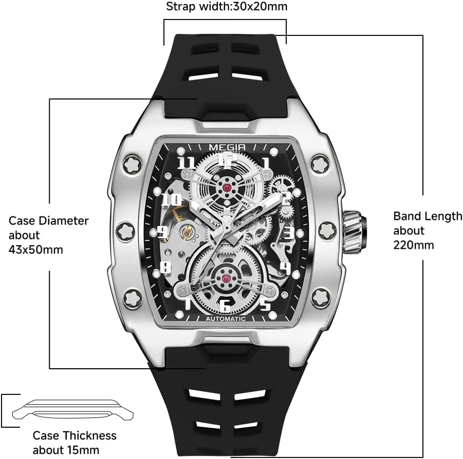 Luminous Hands MEGIR Automatic Mechanical Men Watch, Silicone Band, 43x50mm Alloy reed Case, 3ATM Water Resistant, 