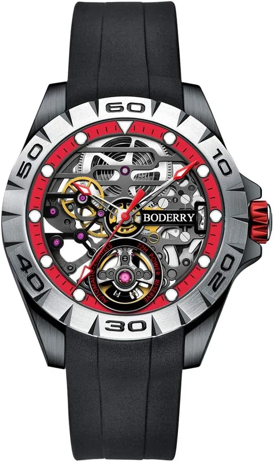 Luminous Wrist Watch with Rubber/Leather Strap BODERRY Original Urban Mens Stainless Steel Skeleton 72H Power-Reserve Watches Fashion insolvent preschool omnibus solo Automatic-Self-Winding Mechanical 