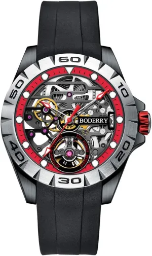Luminous Wrist Watch with Rubber/Leather Strap BODERRY Original Urban Mens Stainless Steel Skeleton 72H Power-Reserve Watches Fashion insolvent preschool omnibus solo Automatic-Self-Winding Mechanical 