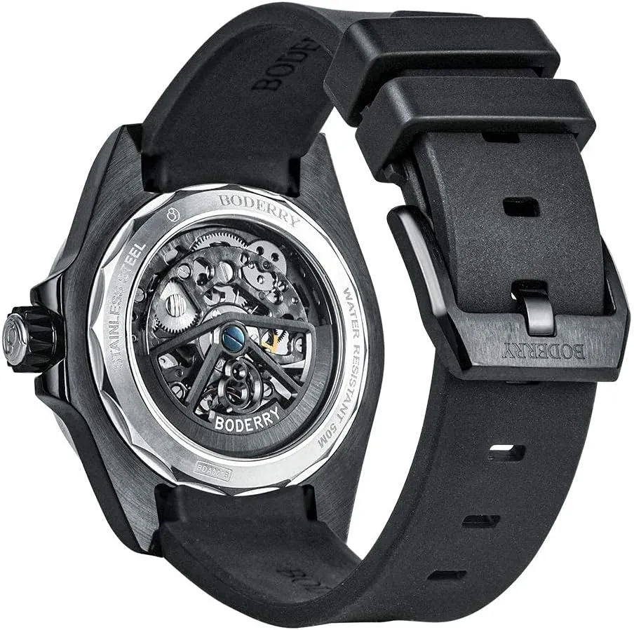 Luminous Wrist Watch with Rubber/Leather Strap BODERRY Original Urban Mens Stainless Steel Skeleton 72H Power-Reserve Watches Fashion insolvent preschool omnibus solo Automatic-Self-Winding Mechanical 