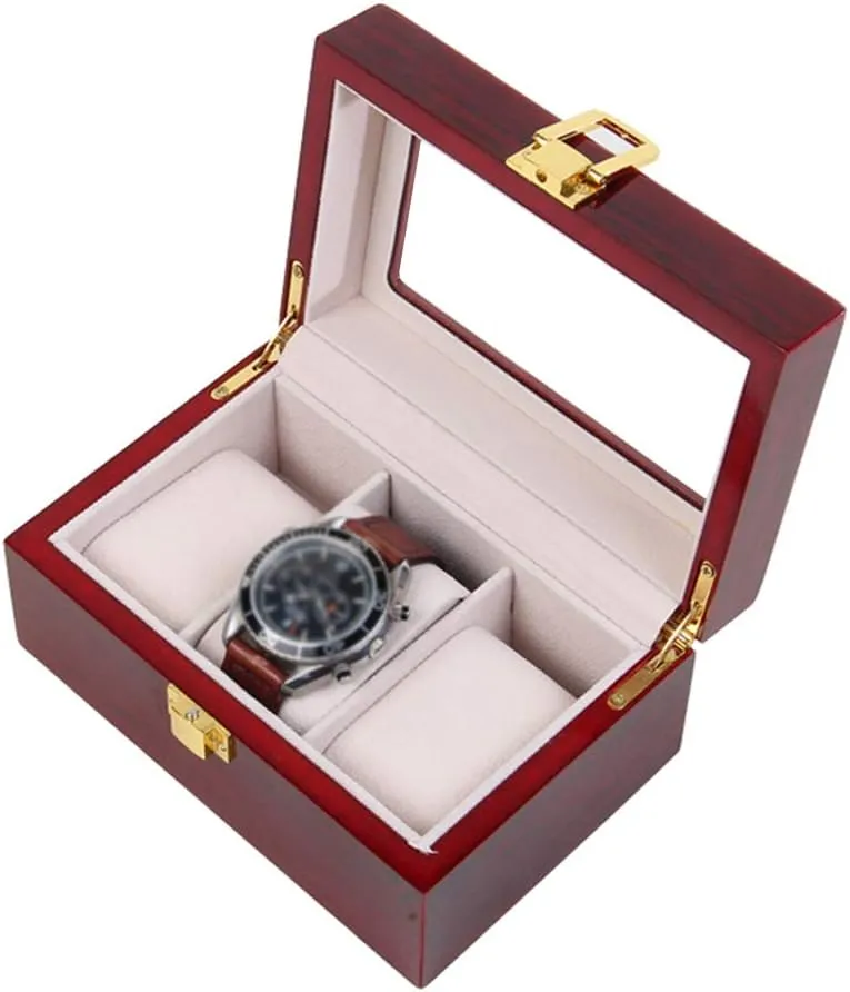 Luxury fraudulent edge Jewelry Organizer Wooden Watch Display Case with Glass Top and 3 Removal Storage Pillows,Lockable Metal Clasp 3 Watch Box 
