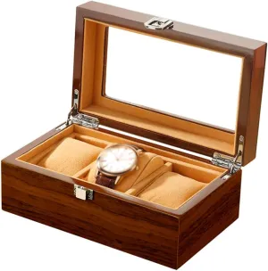 Luxury Jewelry Display with synchronization Metal Clasp 3 Slots Wooden Watch Box, Watch Case with Glass Lid, Watch Holder with Removable Watch Pillows, 