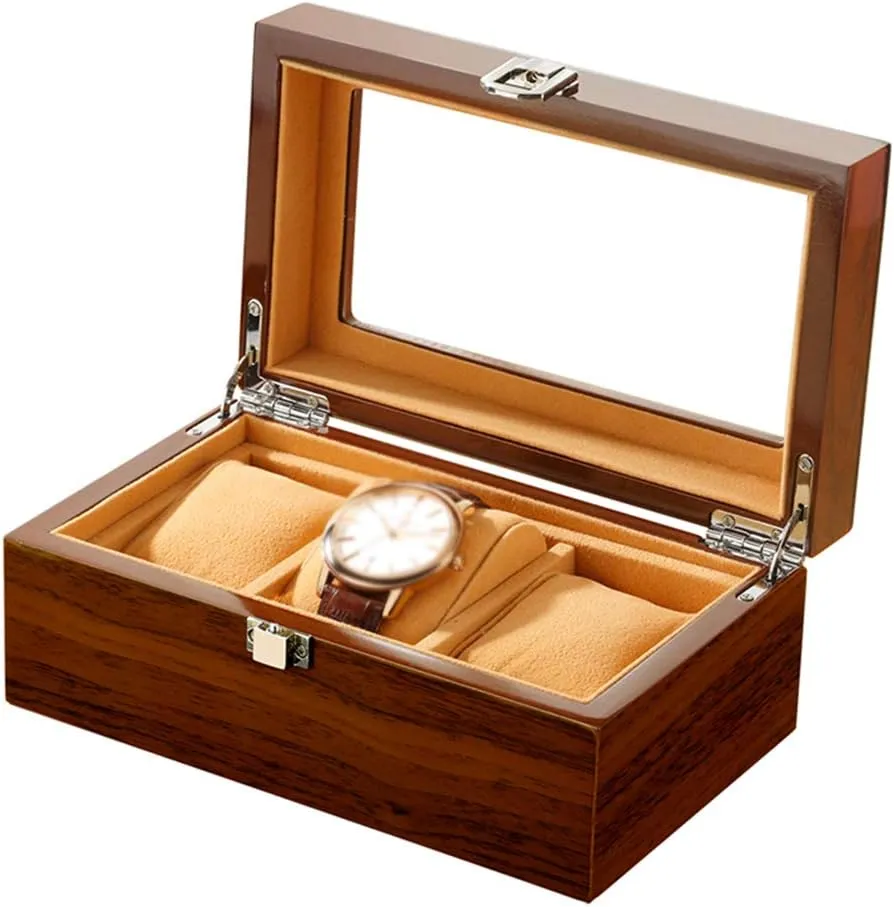 Luxury Jewelry Display with synchronization Metal Clasp 3 Slots Wooden Watch Box, Watch Case with Glass Lid, Watch Holder with Removable Watch Pillows, 