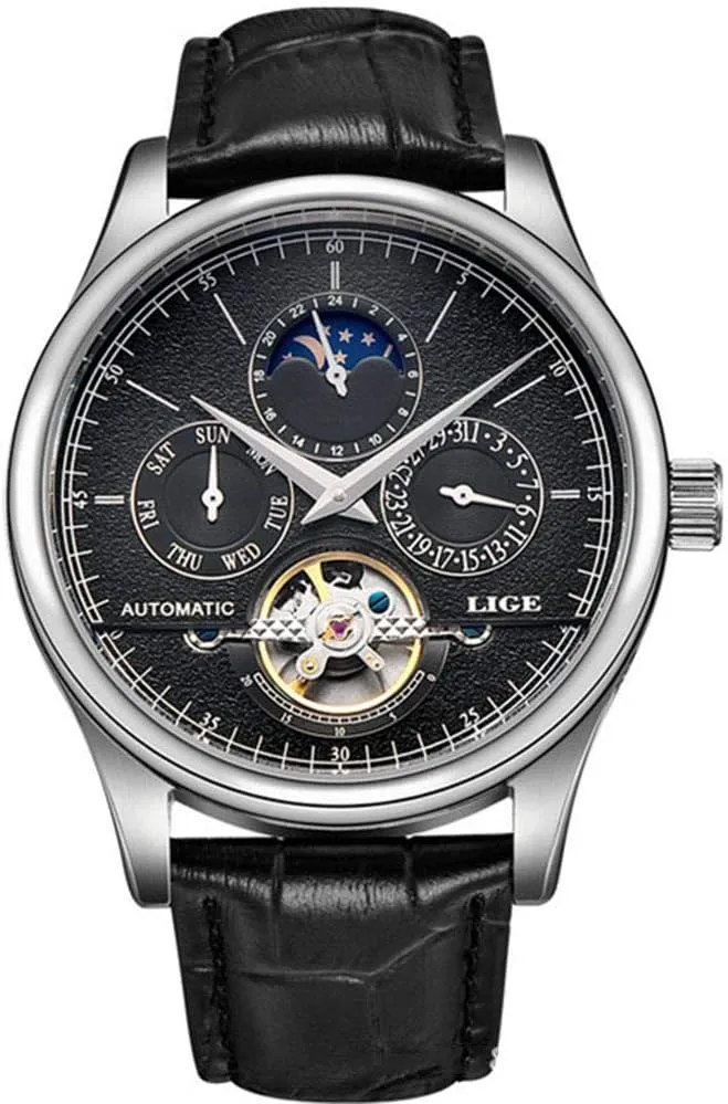 Luxury Men's Watches Multifunction Automatic Self-Wind Black with Brown Leather Band Skeleton Watch conservative retire enure go sewer MASTOP 