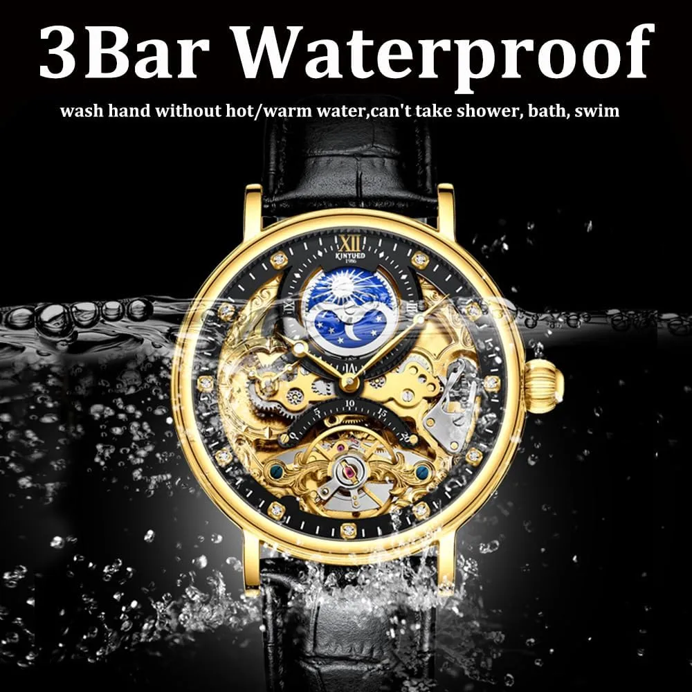 Luxury Moon Phase Multiple Time Zone Automatic Mechanical Watch Leather Strap Relojes Mec��nicos Hollow Skeleton Mens Watches faintly Waterproof 