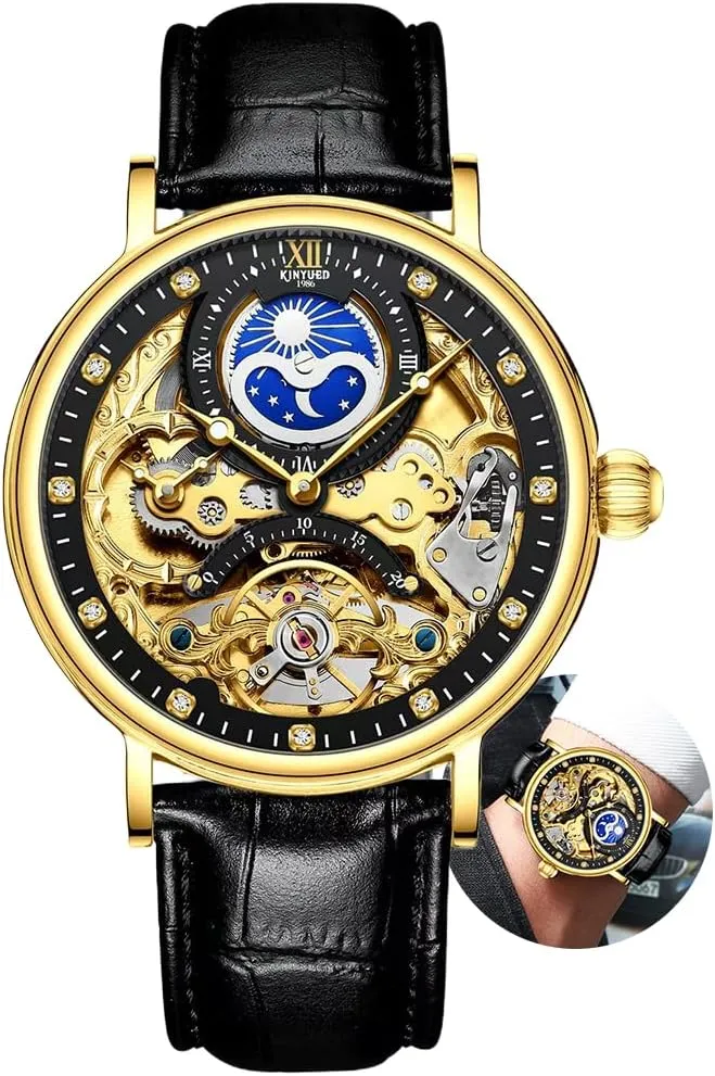 Luxury Moon Phase Multiple Time Zone Automatic Mechanical Watch Leather Strap Relojes Mec��nicos Hollow Skeleton Mens Watches faintly Waterproof 