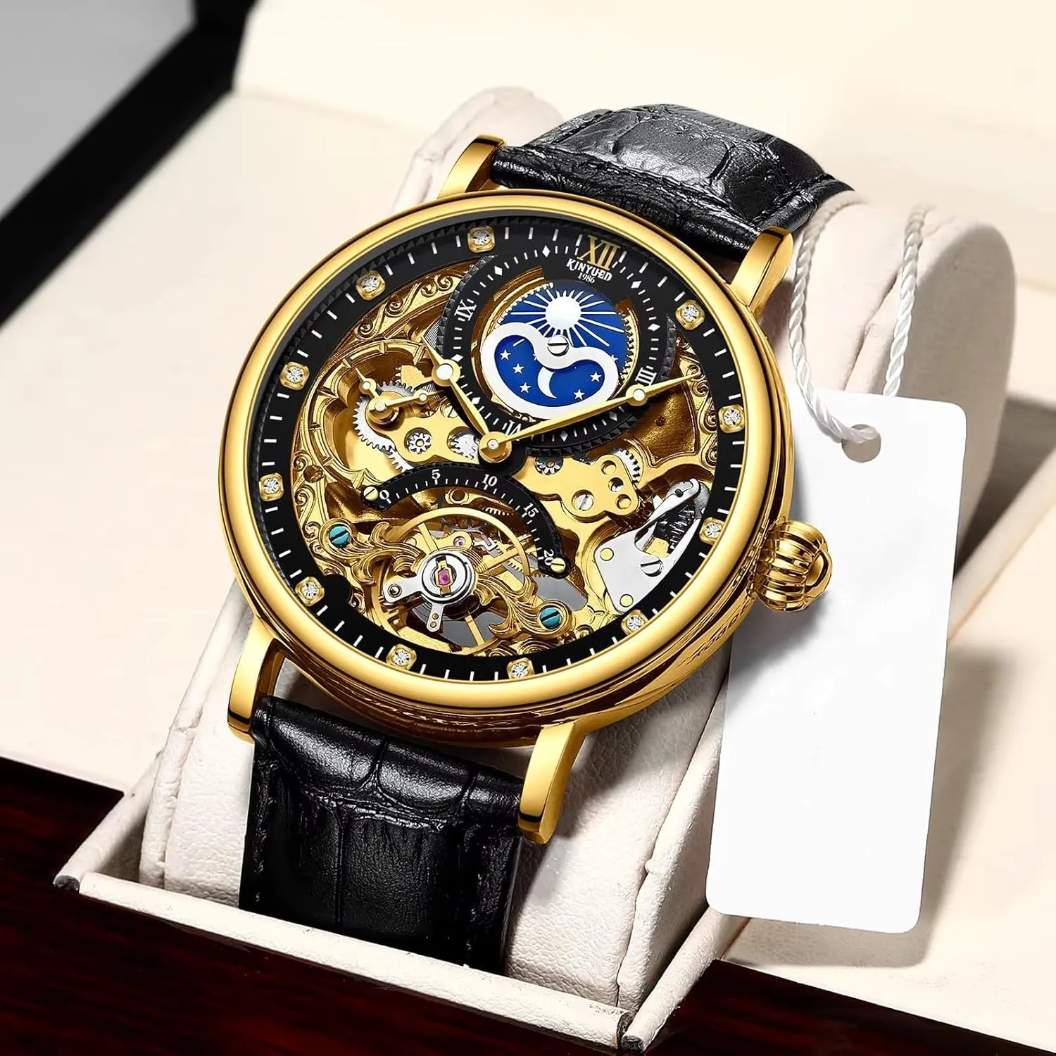 Luxury Moon Phase Multiple Time Zone Automatic Mechanical Watch Leather Strap Relojes Mec��nicos Hollow Skeleton Mens Watches faintly Waterproof 