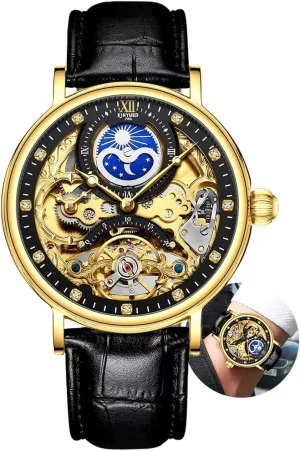 Luxury Moon Phase Multiple Time Zone Automatic Mechanical Watch Leather Strap Relojes Mec��nicos Hollow Skeleton Mens Watches faintly Waterproof 