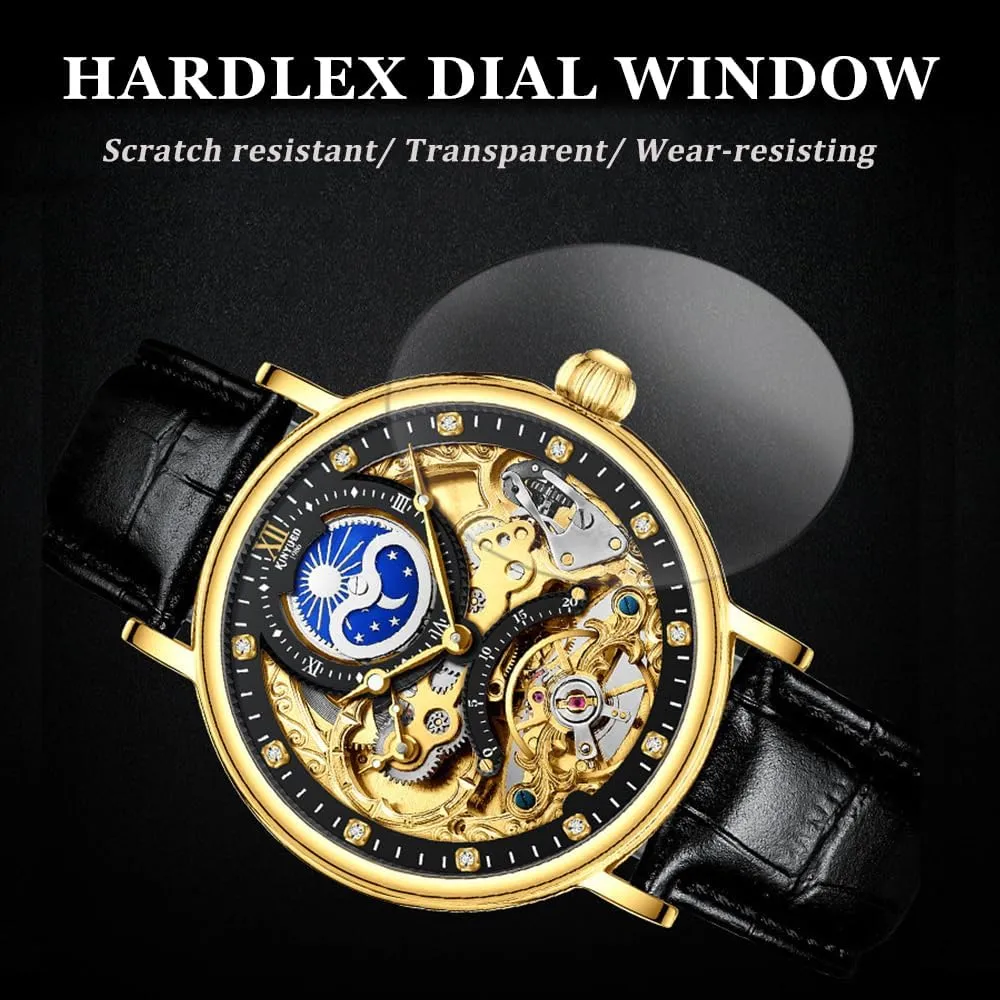 Luxury Moon Phase Multiple Time Zone Automatic Mechanical Watch Leather Strap Relojes Mec��nicos Hollow Skeleton Mens Watches faintly Waterproof 