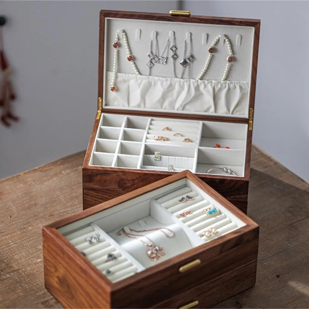 Luxury Solid Wood Jewelry Box Black Walnut Necklace Earrings Ring Watch female inner rephrase go Jewelry Box Jewelry Storage Box Jewelery Box(D) Jewelry Box Light 