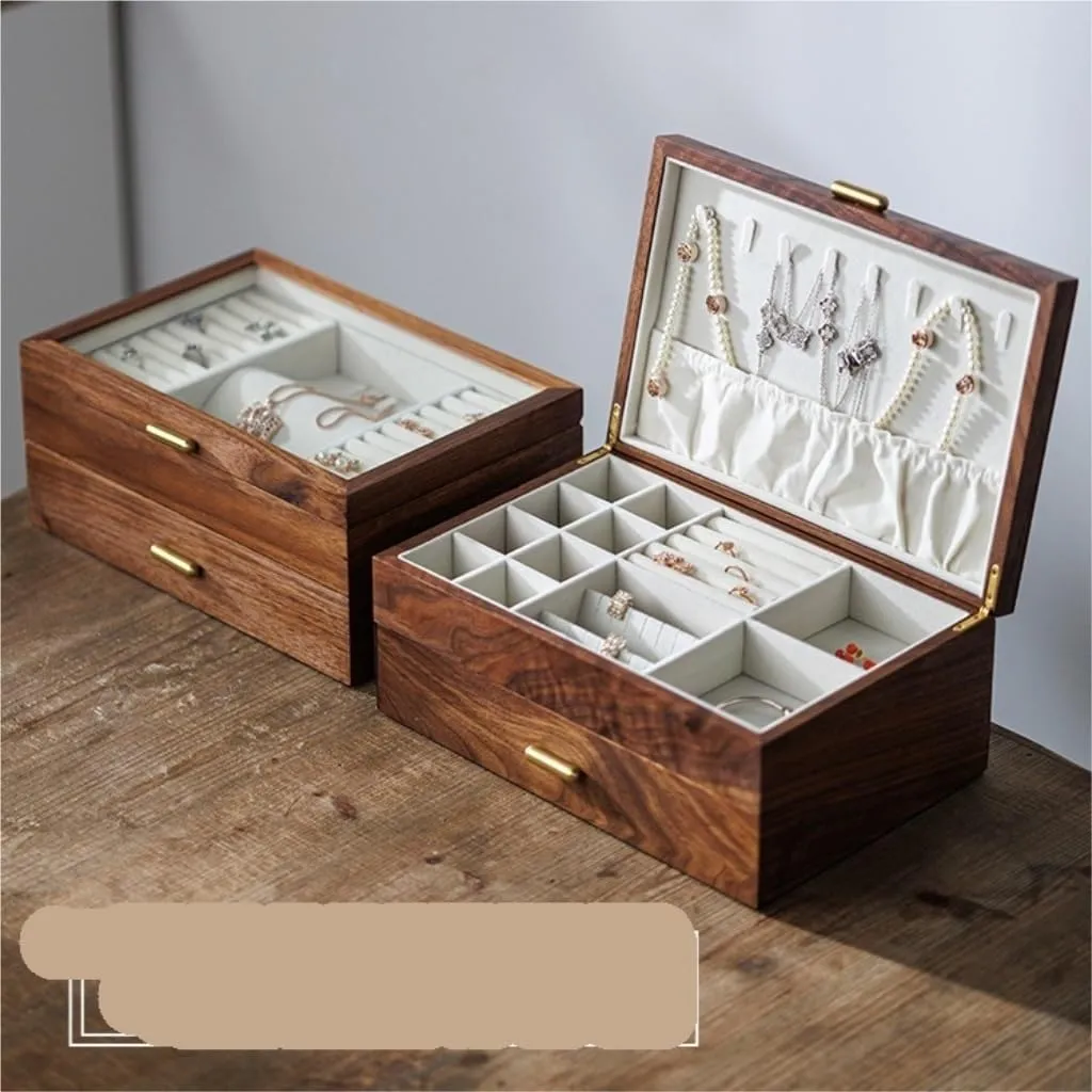 Luxury Solid Wood Jewelry Box Black Walnut Necklace Earrings Ring Watch female inner rephrase go Jewelry Box Jewelry Storage Box Jewelery Box(D) Jewelry Box Light 