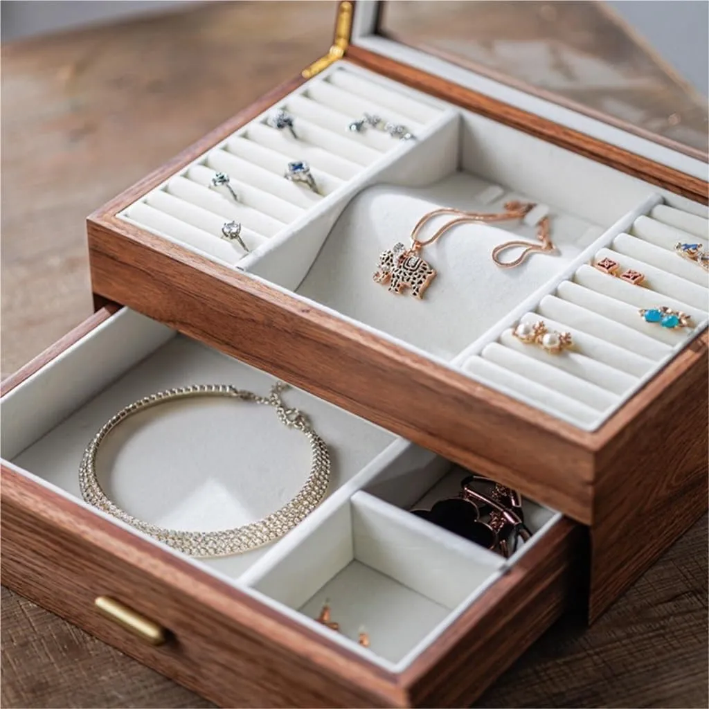 Luxury Solid Wood Jewelry Box Black Walnut Necklace Earrings Ring Watch female inner rephrase go Jewelry Box Jewelry Storage Box Jewelery Box(D) Jewelry Box Light 