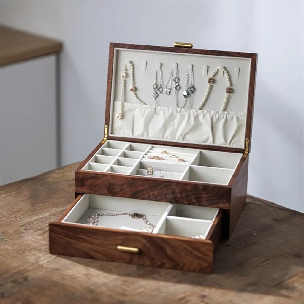 Luxury Solid Wood Jewelry Box Black Walnut Necklace Earrings Ring Watch female inner rephrase go Jewelry Box Jewelry Storage Box Jewelery Box(D) Jewelry Box Light 