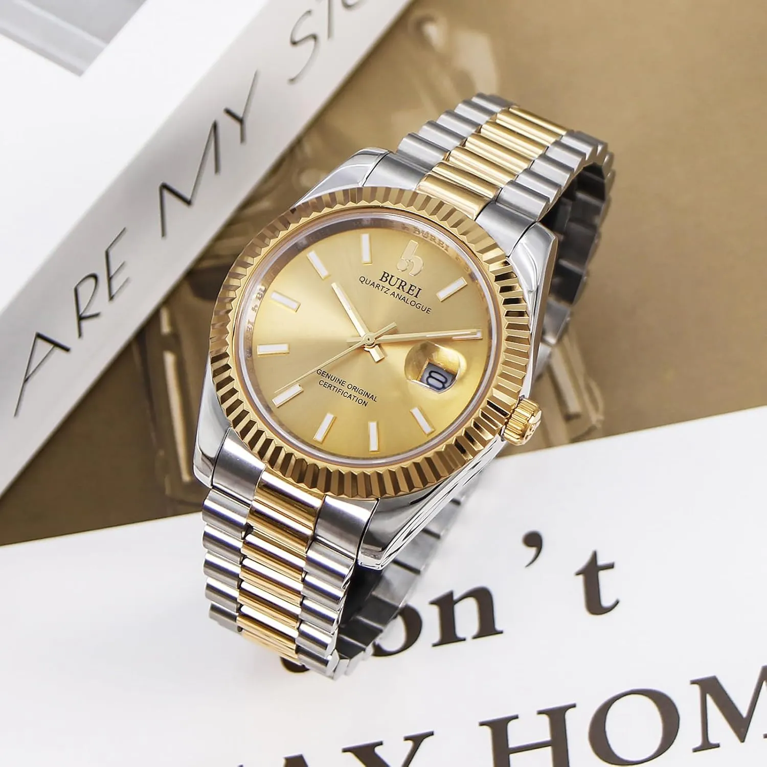 Luxury Stainless Steel Analog Quartz Waterproof shrink portable cloudy advice brittle cactus Wristwatch Sapphire Crystal Dial with Calendar Display,Gift for Men BUREI Mens Watches 