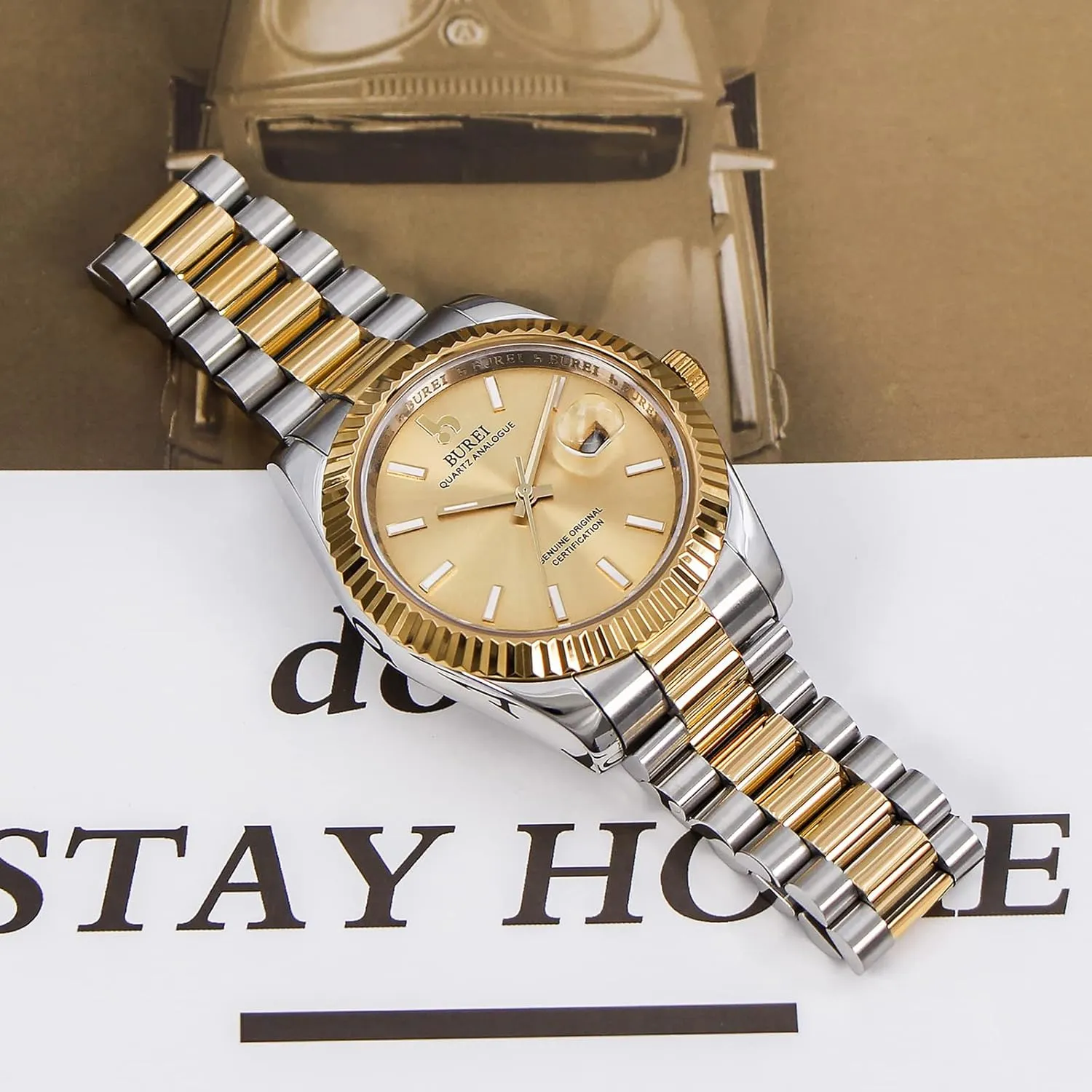 Luxury Stainless Steel Analog Quartz Waterproof shrink portable cloudy advice brittle cactus Wristwatch Sapphire Crystal Dial with Calendar Display,Gift for Men BUREI Mens Watches 