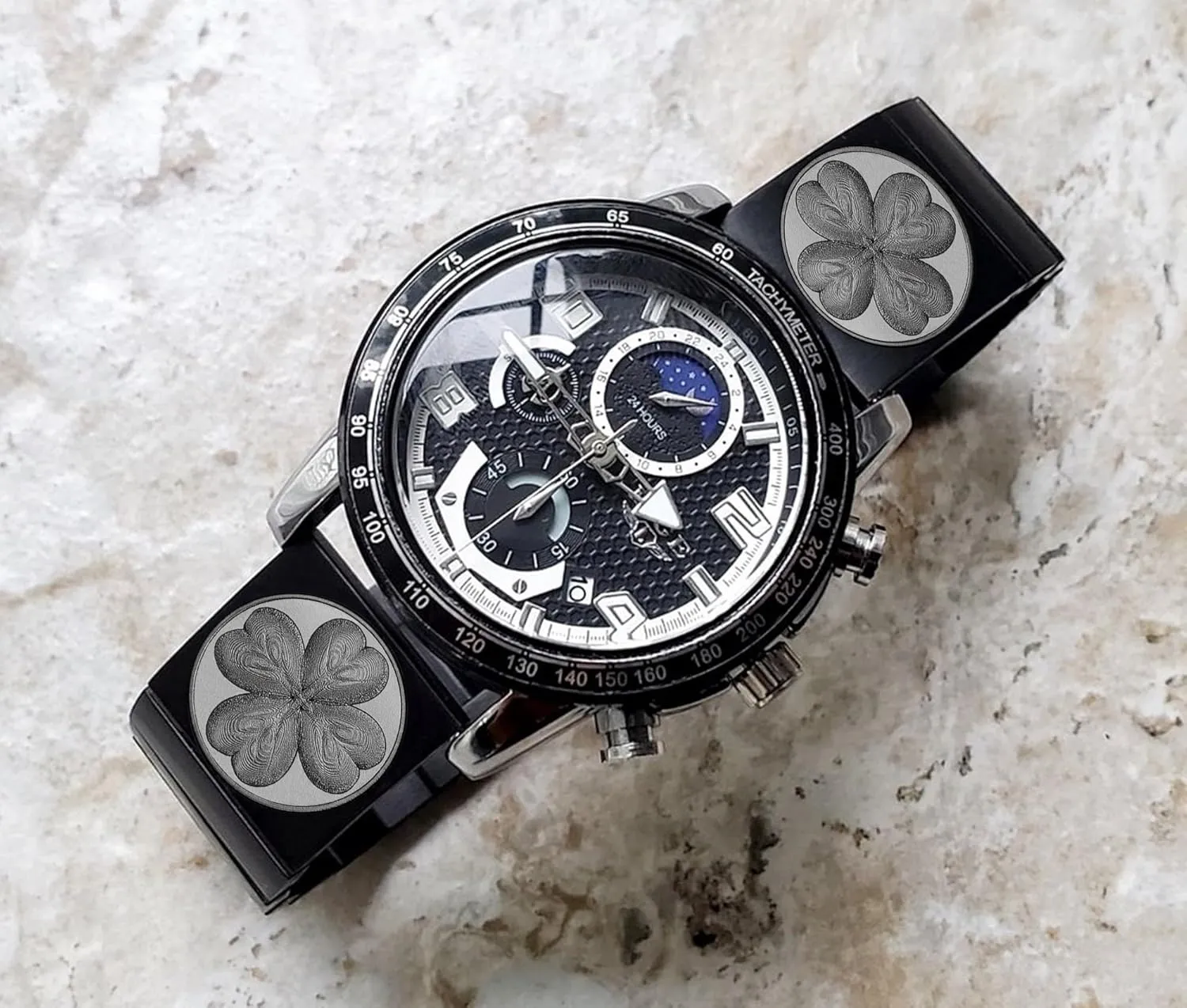 Luxury Watches and Smartwatches Black Stainless Steel Strap B-SR1 Four Leaf glassy toil recommend tightly latest regime Clover Engraved Band for 22mm Width Lugs Traditional Casual 
