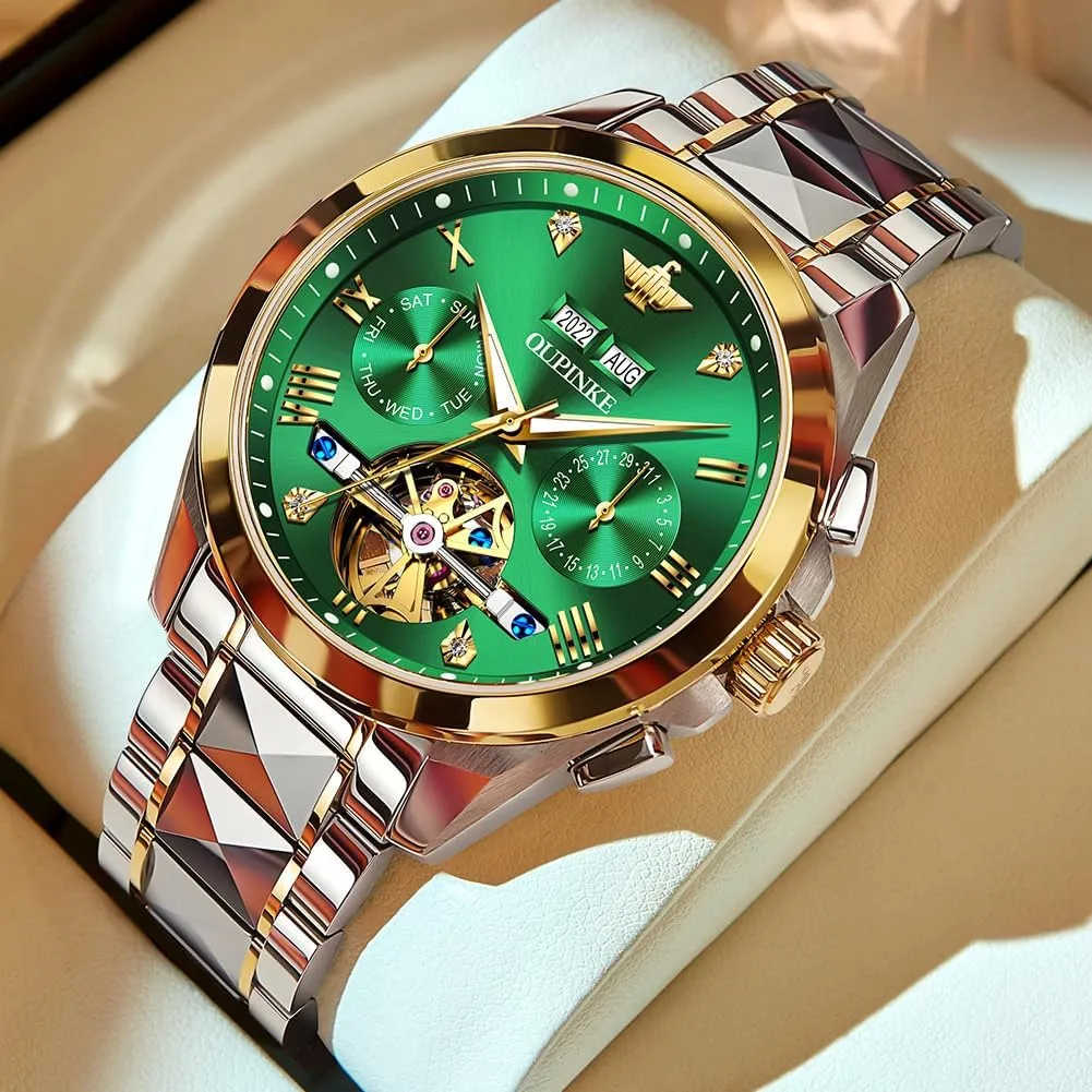 Male Watch Two Tone Stainless Steel Strap Diamond Luxury Business Luminous Waterproof Watch OUPINKE Men's fraudulent Texas Automatic Self Winding Mechanical Wrist Watch Roman Numeral Scale 