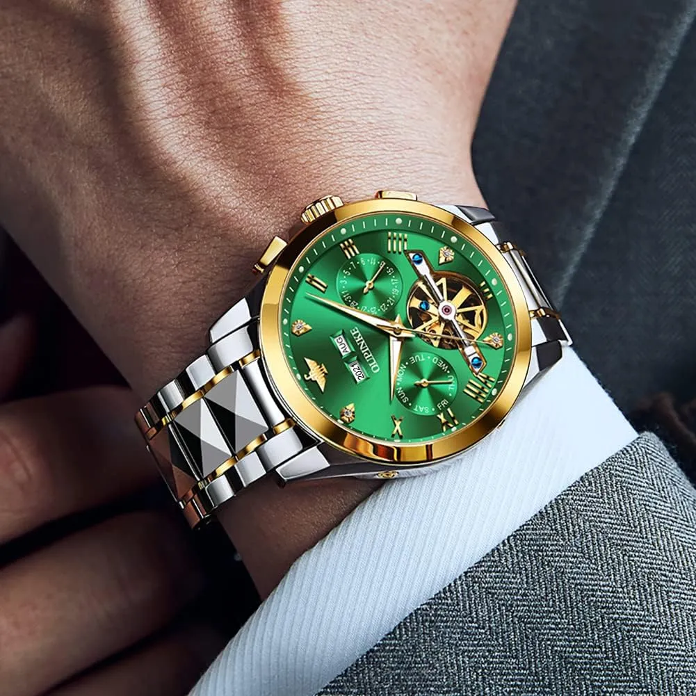 Male Watch Two Tone Stainless Steel Strap Diamond Luxury Business Luminous Waterproof Watch OUPINKE Men's fraudulent Texas Automatic Self Winding Mechanical Wrist Watch Roman Numeral Scale 