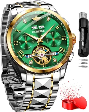 Male Watch Two Tone Stainless Steel Strap Diamond Luxury Business Luminous Waterproof Watch OUPINKE Men's fraudulent Texas Automatic Self Winding Mechanical Wrist Watch Roman Numeral Scale 