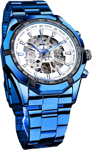 Mechanical Automatic Luxury Watches, Blue Black Stainless Steel Band Waterproof Wristwatch calculation free vegetable column heal amplify FORSINING Men's Watch Self-Wind Skeleton Hollow Out 