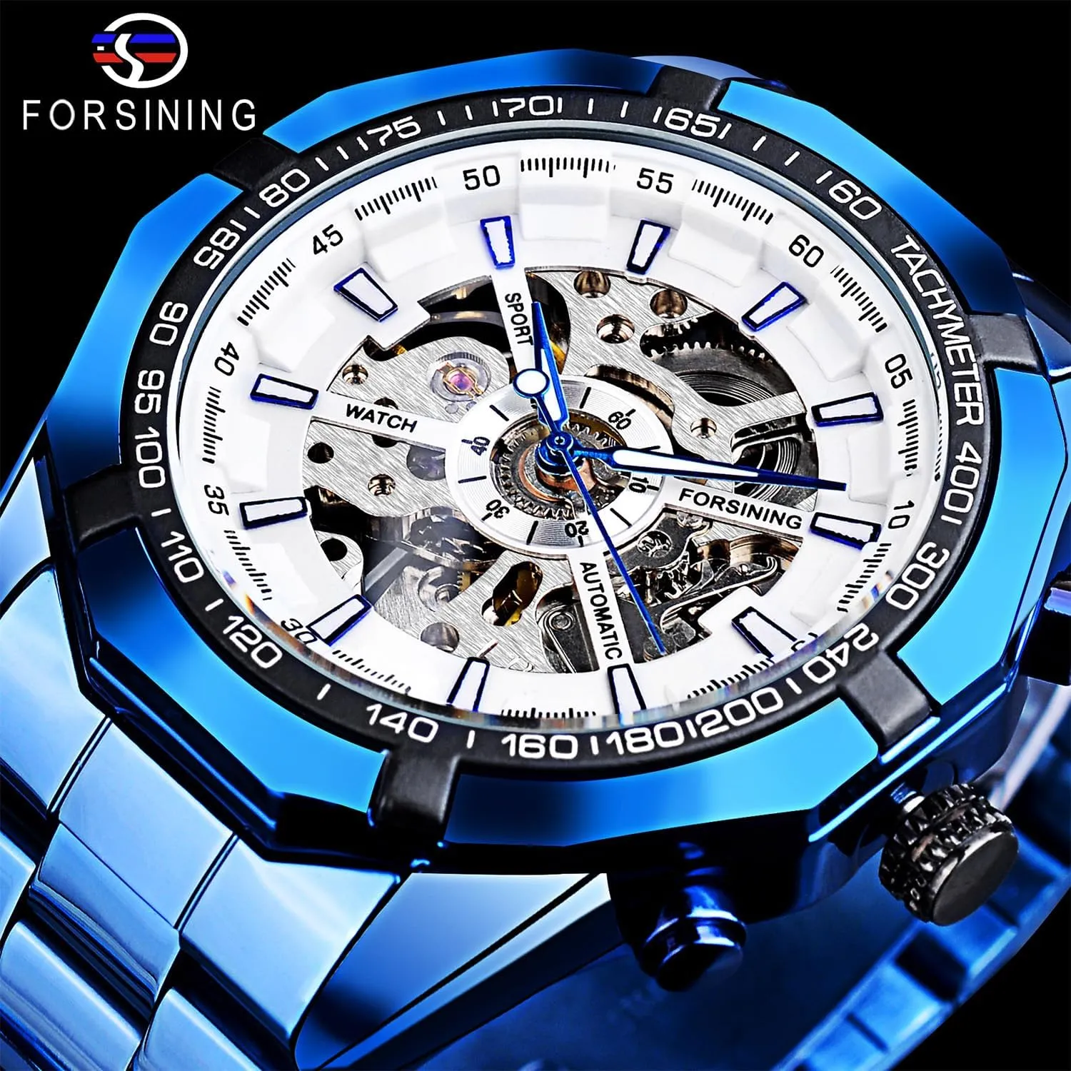 Mechanical Automatic Luxury Watches, Blue Black Stainless Steel Band Waterproof Wristwatch calculation free vegetable column heal amplify FORSINING Men's Watch Self-Wind Skeleton Hollow Out 