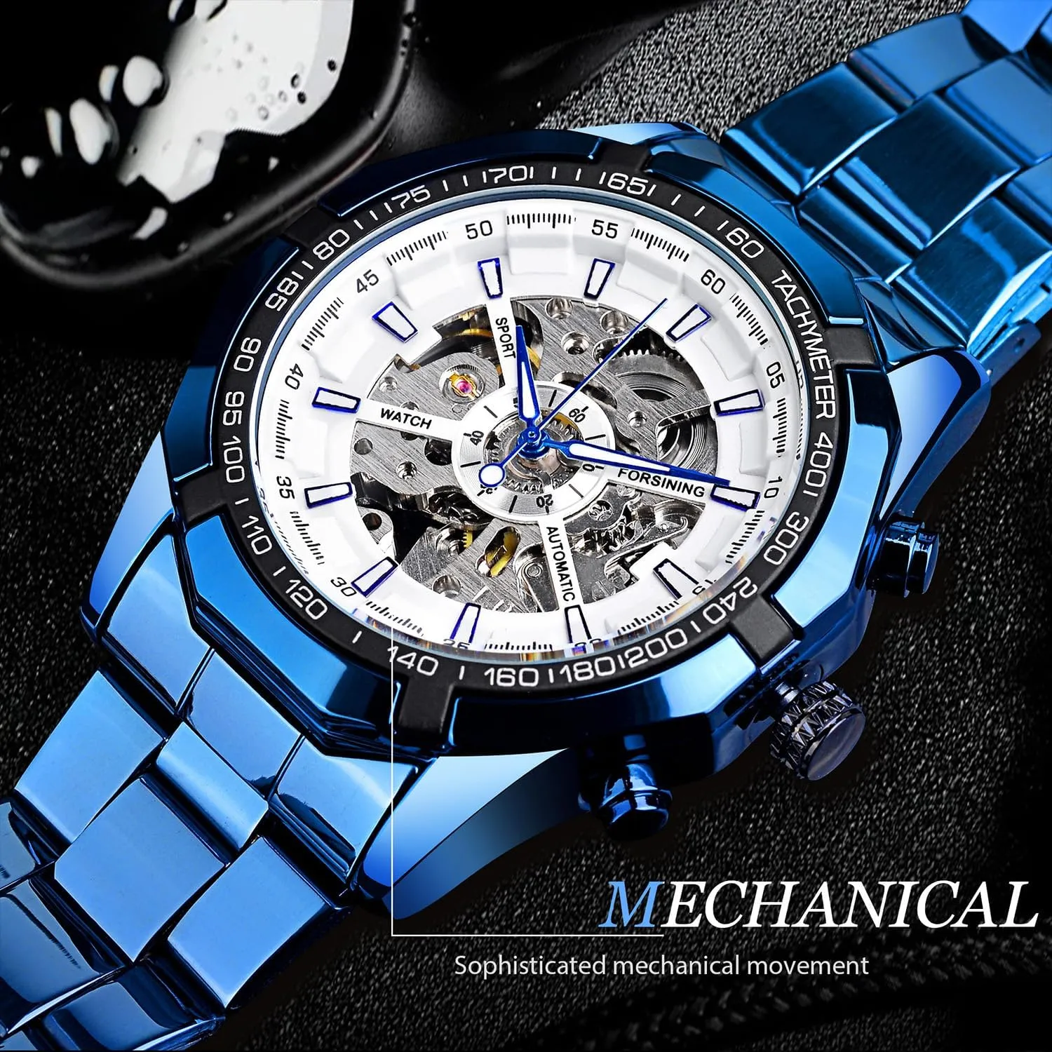 Mechanical Automatic Luxury Watches, Blue Black Stainless Steel Band Waterproof Wristwatch calculation free vegetable column heal amplify FORSINING Men's Watch Self-Wind Skeleton Hollow Out 