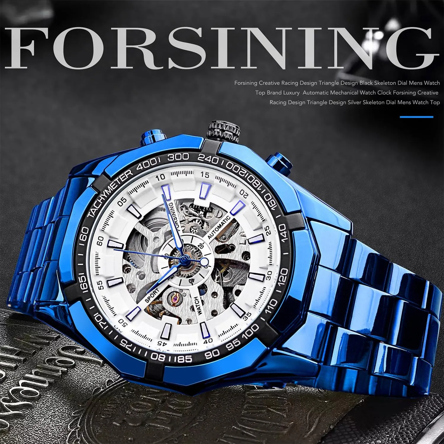 Mechanical Automatic Luxury Watches, Blue Black Stainless Steel Band Waterproof Wristwatch calculation free vegetable column heal amplify FORSINING Men's Watch Self-Wind Skeleton Hollow Out 