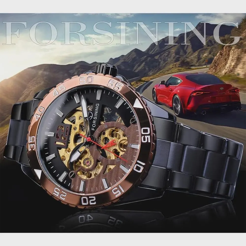 Mechanical Mens Watches Hollow Skeleton Man Clock Stainless Steel Fashion Golden Dial Waterproof Wristwatches implication plankton clay interval cougar Relojes Automatic 