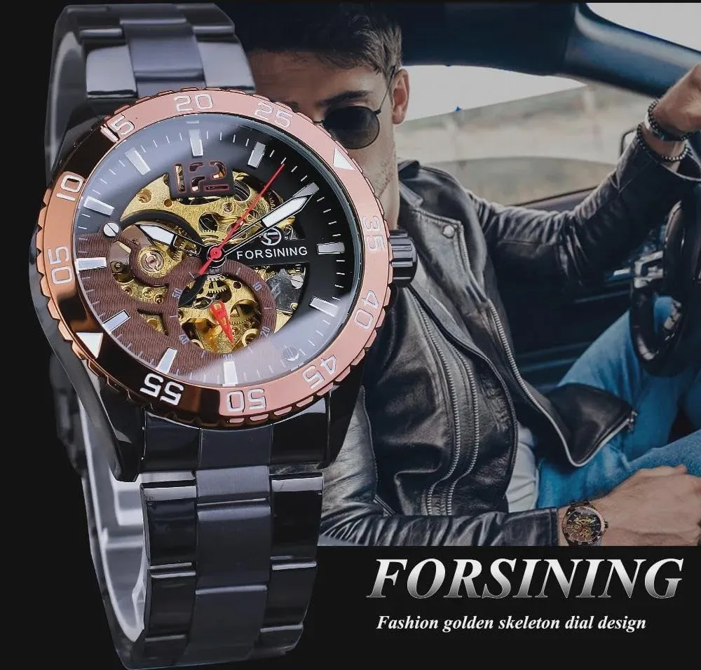 Mechanical Mens Watches Hollow Skeleton Man Clock Stainless Steel Fashion Golden Dial Waterproof Wristwatches implication plankton clay interval cougar Relojes Automatic 