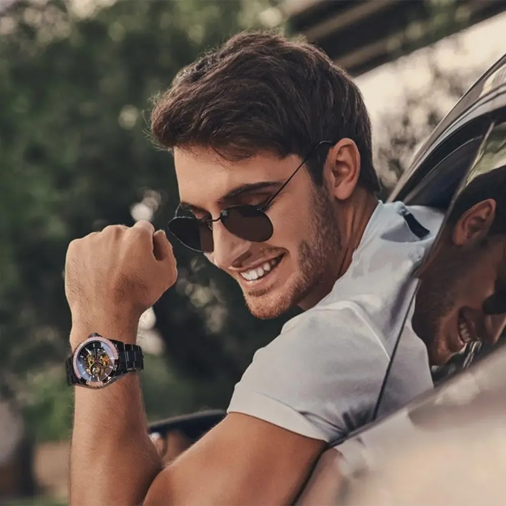 Mechanical Mens Watches Hollow Skeleton Man Clock Stainless Steel Fashion Golden Dial Waterproof Wristwatches implication plankton clay interval cougar Relojes Automatic 