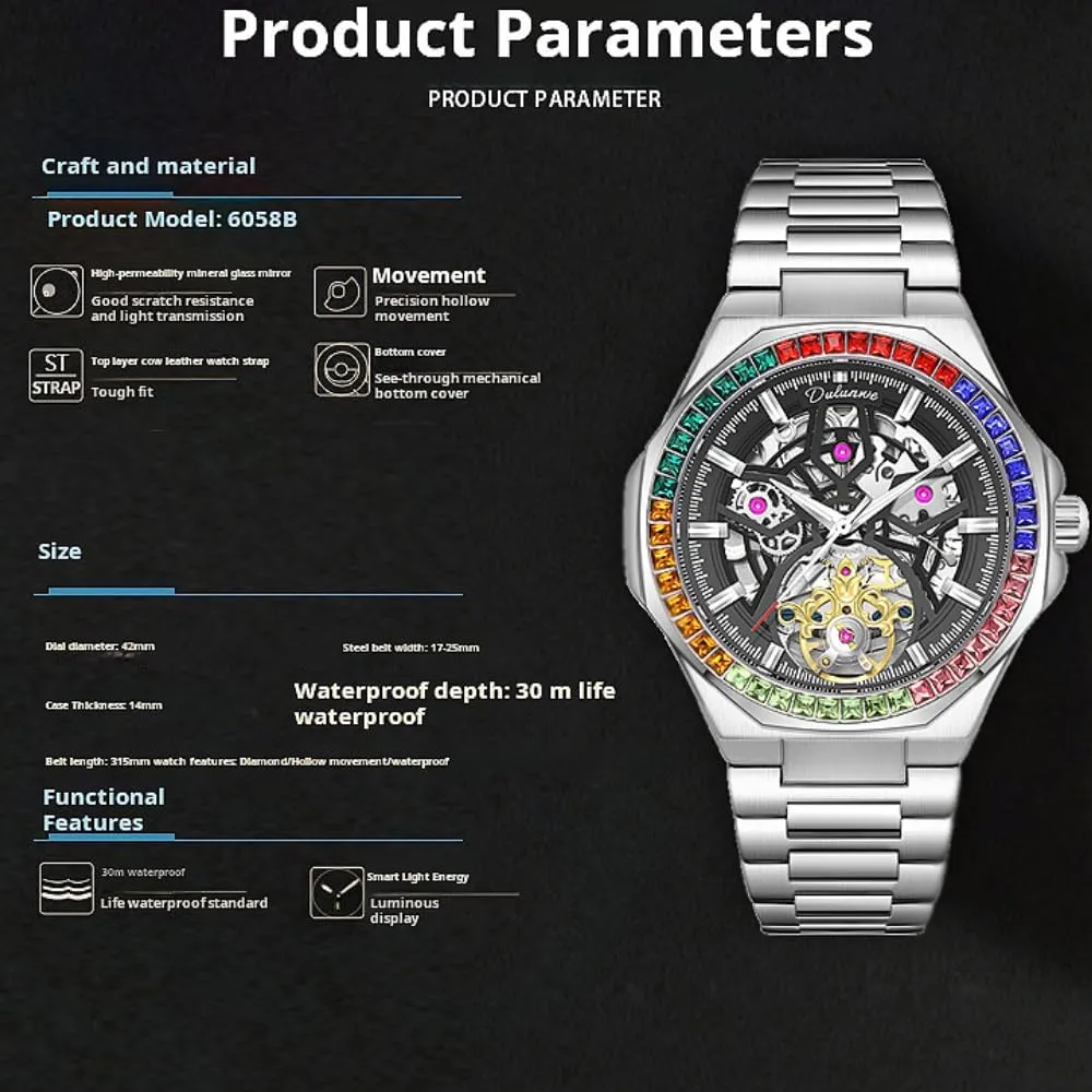 Mechanical Mens Wristwatch Fashion Self Winding Luxury plaudit Tourbillon Mechanical Watch Stainless Steel Strap Skeleton Automatic 