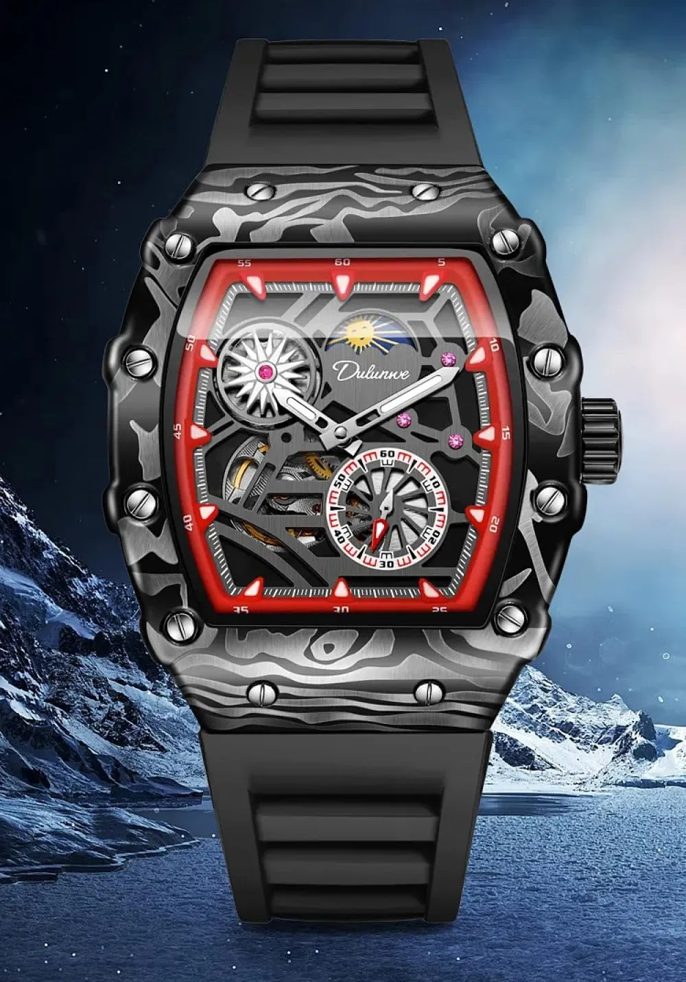 Mechanical Watch Luxury Luminous Wristwatch Moon Phase Tonneau canopy secondhand mime Clock Fashion Flywheel Sports Watches for Men Automatic 