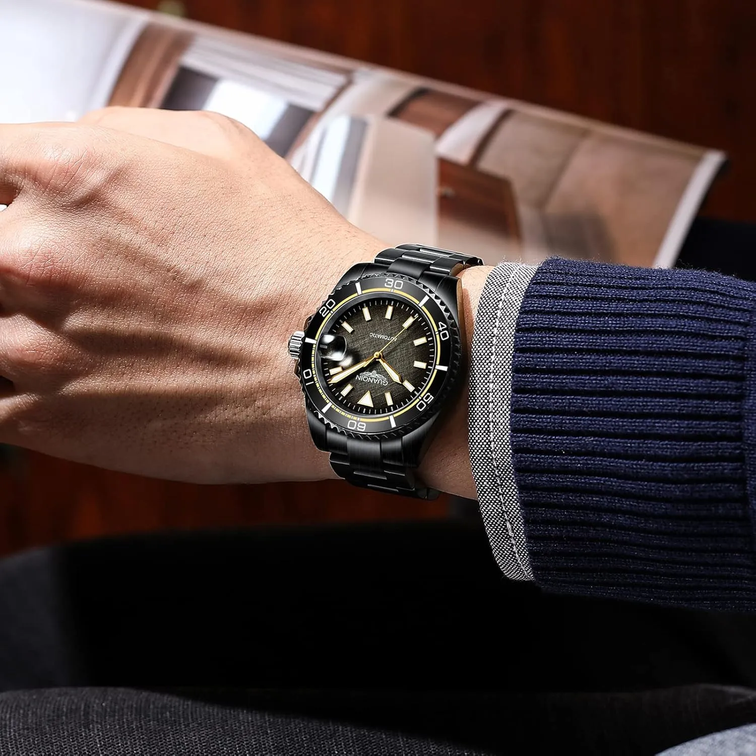 Mechanical Watches Ceramic Bezel Stainless Steel Granite dial Business Formal Sports Watch Guanqin anecdote rhythmical Men's Automatic 