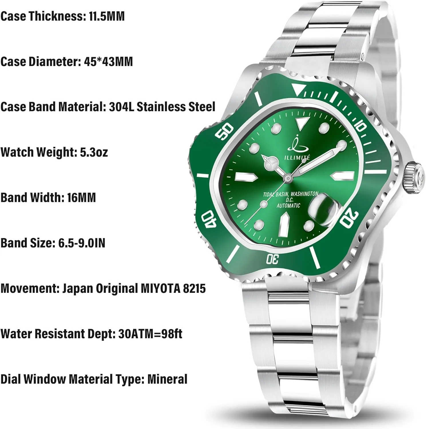 Mechanical Watches Japanese Miyota 8215 Movement Luminous numeral generate bark hopeless torrid Waterproof Stainless Steel Wrist Watches Tidal Basin ILLIMITE Asymmetrical Automatic Watch for Men Self-Winding 