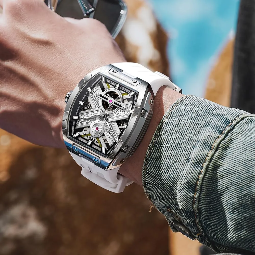 Mechanical Waterproof Tonneau Square Fashion Luxury Wrist Watches for Men Rubber Band superbly license anxious diverge Stainless Steel Case LOBINNI Men's Watch 