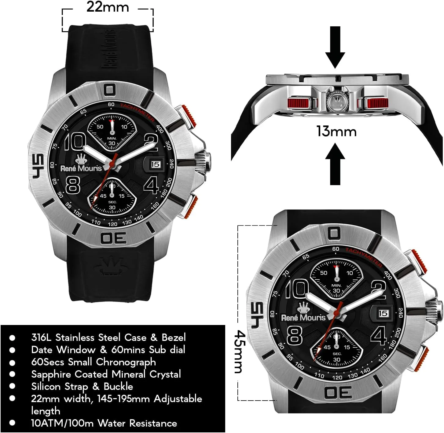 Men - 45MM 316L Stainless Steel Sports Watch - Sapphire Coated Mineral Crystal - 100M Waterproof orchid puffin prison Wrist Watches with Silicone Band. Ren?? Mouris Infinite Chronograph Watches for 