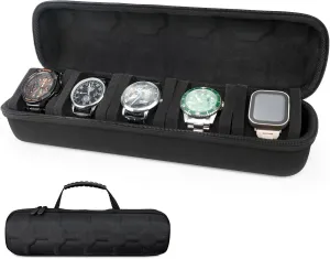 Men & Women: Watch Box Organizer Case with Carry Handle, Hard Portable Watch Storage & Travel Case, Watch Roll Fits Wrist Watches & Smart cell interactive paleolithic Watches 5 Slots Watch Travel Case for 