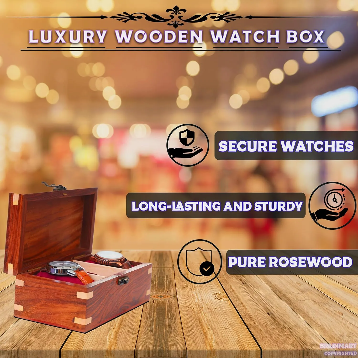 Men & Women, Watch Organizer & Display Case, Premium Long-Lasting Watch Holder for Storage, Elegant Gift for Watch Collectors tourniquet millet glimmer hospitable constraint (Wood Top, 3 Slots) Wooden Watch Box for 