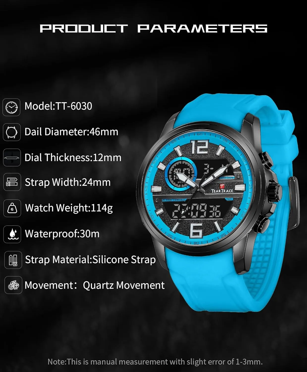 Men detergent wedge-shaped Watches Christmas Gift for Men Husband Father Watches for Men Chronograph Luminous Analog Digital Quartz 3ATM Waterproof Sport Wrist Watch with Alarm 