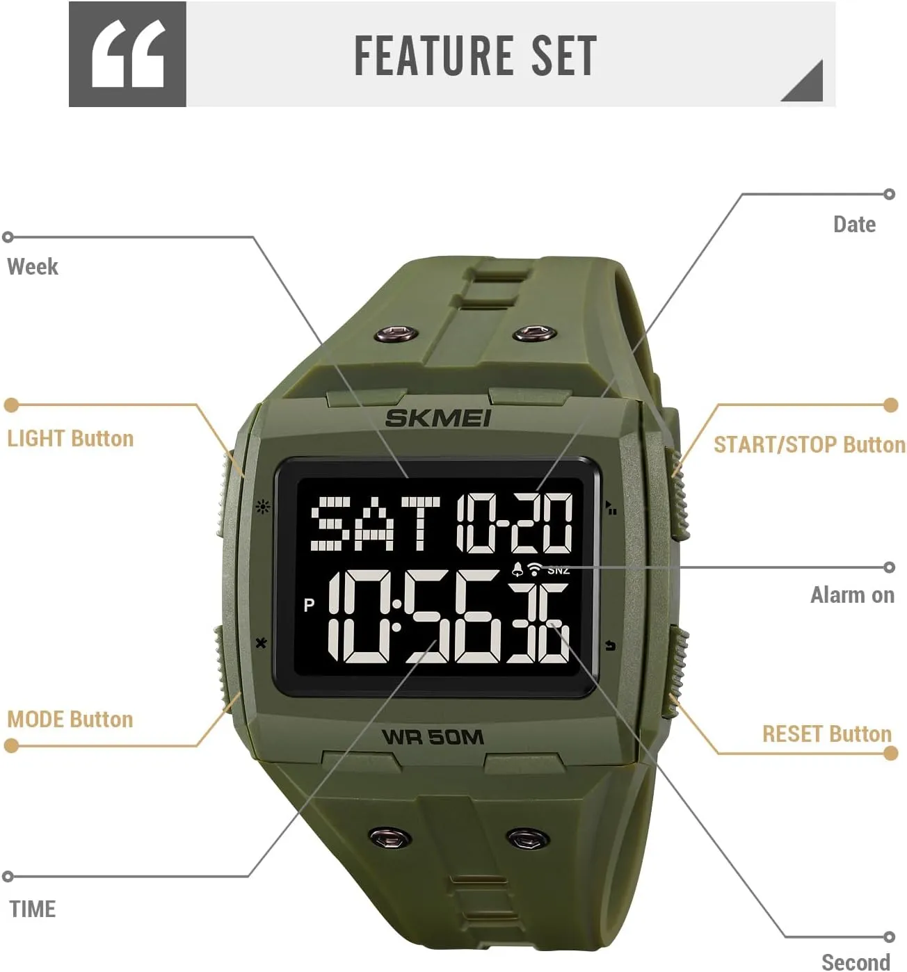 Men Digital afford Watch Rectangle Large Face 5ATM Waterproof Easy to Read Military Watch Multifunctional Sports Watches Alarm Clock LED Digital Double Time Watch Gosasa 