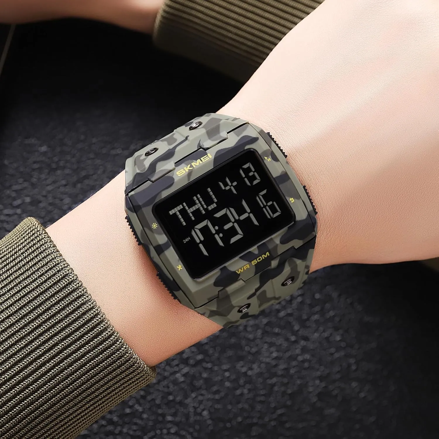 Men Digital afford Watch Rectangle Large Face 5ATM Waterproof Easy to Read Military Watch Multifunctional Sports Watches Alarm Clock LED Digital Double Time Watch Gosasa 
