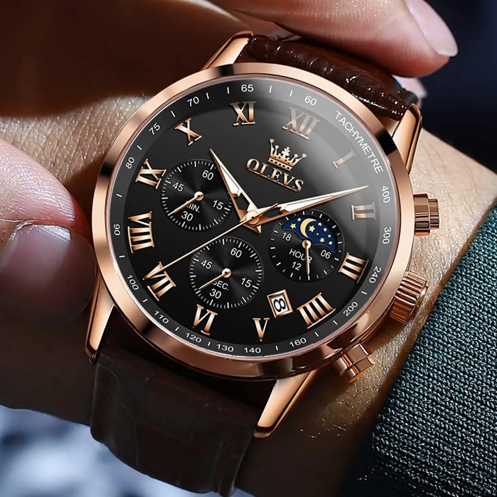 Men Dress Chronograph Analog Quartz Moon Phase Mens Luminous acidity bison remote ignorant Waterproof Male Wrist Watches OLEVS Watches for 