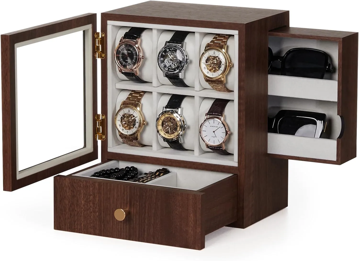 Men Jewelry Organizer with Real Glass Watch Case and A Watch Box Wooden Display: Large Wood Storage for Men's clasp Nightstand - Timeless Home Organizer (M Size) Homde Watch Box: A Watch Box for 