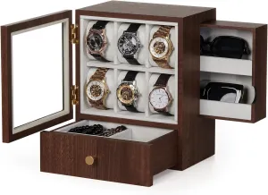 Men Jewelry Organizer with Real Glass Watch Case and A Watch Box Wooden Display: Large Wood Storage for Men's clasp Nightstand - Timeless Home Organizer (M Size) Homde Watch Box: A Watch Box for 