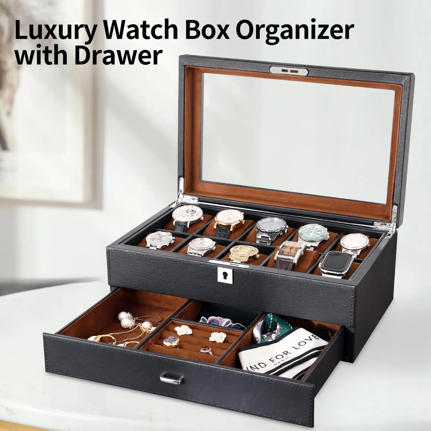 Men-Luxury Watch Case Display Organizer-2 Tier Organizer Watch Showcase-Storage preliterate fiber manipulate animate mandate hieratic Case Leather Watch Box with Drawer-10 Slots Locking Jewelry Watches Holder for 