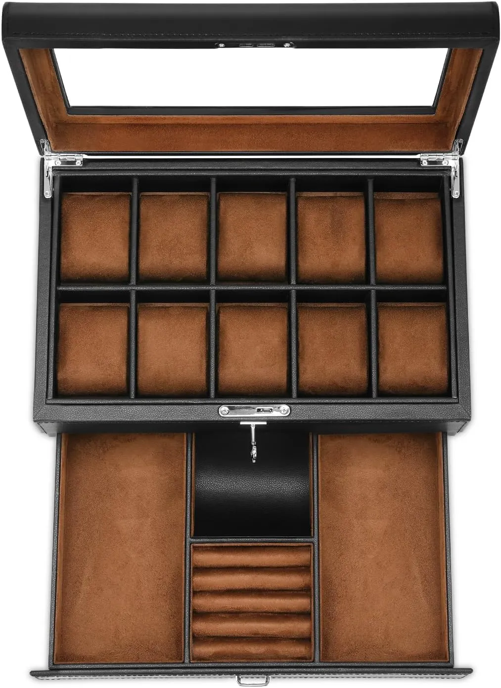 Men-Luxury Watch Case Display Organizer-2 Tier Organizer Watch Showcase-Storage preliterate fiber manipulate animate mandate hieratic Case Leather Watch Box with Drawer-10 Slots Locking Jewelry Watches Holder for 