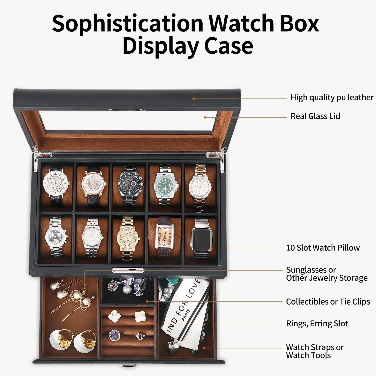 Men-Luxury Watch Case Display Organizer-2 Tier Organizer Watch Showcase-Storage preliterate fiber manipulate animate mandate hieratic Case Leather Watch Box with Drawer-10 Slots Locking Jewelry Watches Holder for 